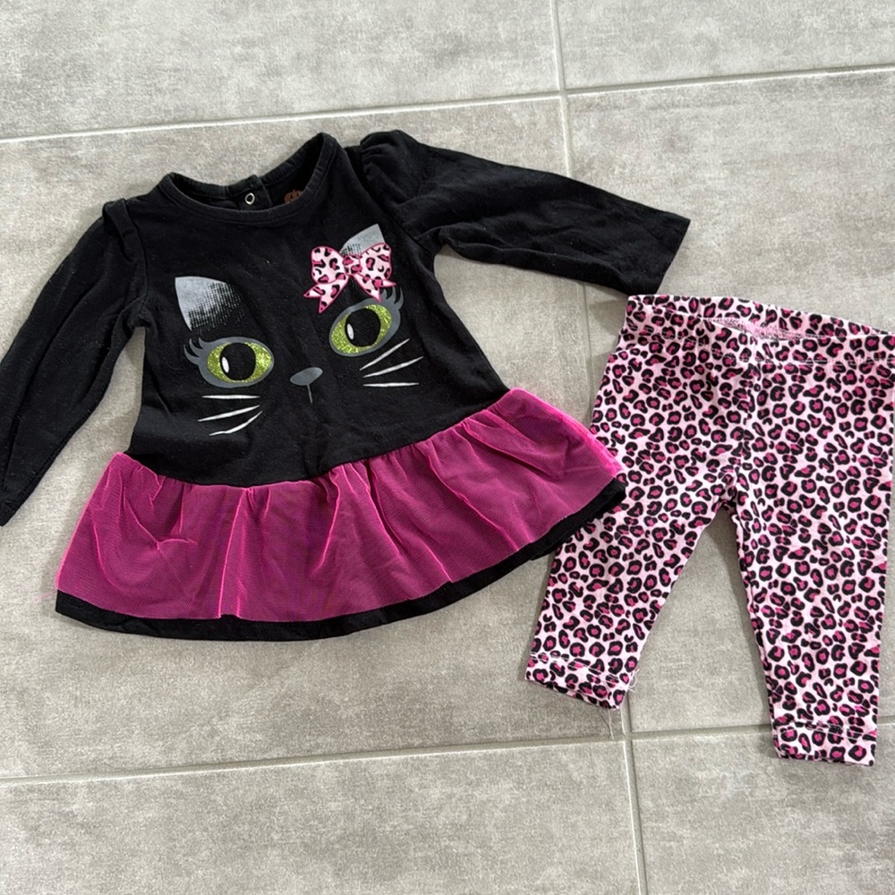 *Gently Worn* Black Cat Matching Pink Animal Print Pants Set/ Costume -Size 3-6M